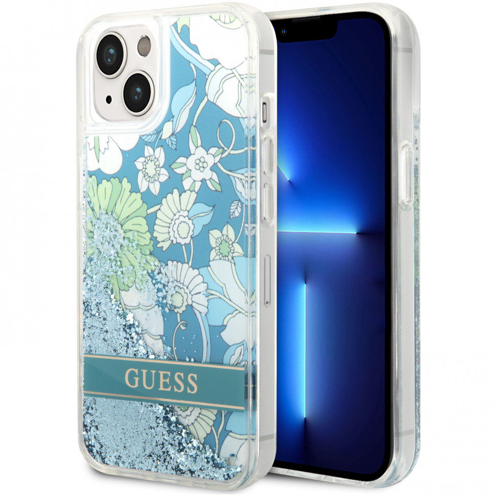 Чехол Guess Liquid Glitter Flower Hard для iPhone 14 Plus, Зеленый