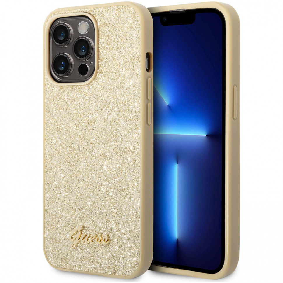 Чехол Guess PC/TPU Glitter flakes w Metal logo Hard для iPhone 14 Pro, Золотой