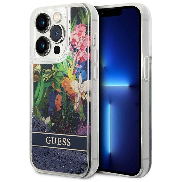 фото Чехол cg mobile guess liquid glitter hard flower pattern для iphone 14 pro, синий