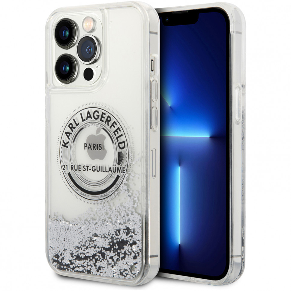 

Чехол Karl Lagerfeld Liquid glitter RSG logo Hard для iPhone 13 Pro Max, Серебристый, Liquid glitter RSG logo Hard