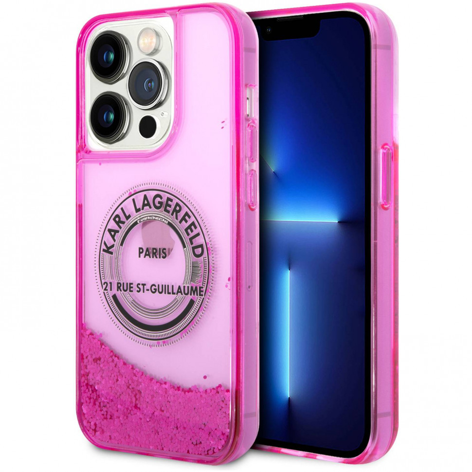 Чехол Karl Lagerfeld Liquid glitter RSG logo Hard для iPhone 14 Pro, Розовый