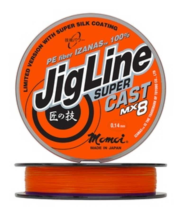 Плетеный шнур JigLine MX8 Super Cast 0.19 мм тест 16 кг длина 100 м оранжевый фиолетовый