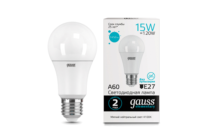 Лампа Gauss LED Elementary A60 15W E27 1450lm 4100K 493₽