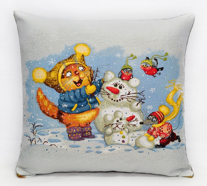 фото Подушка декоративная гобеленовая 45х45 "кот снеговик" студия текстильного дизайна