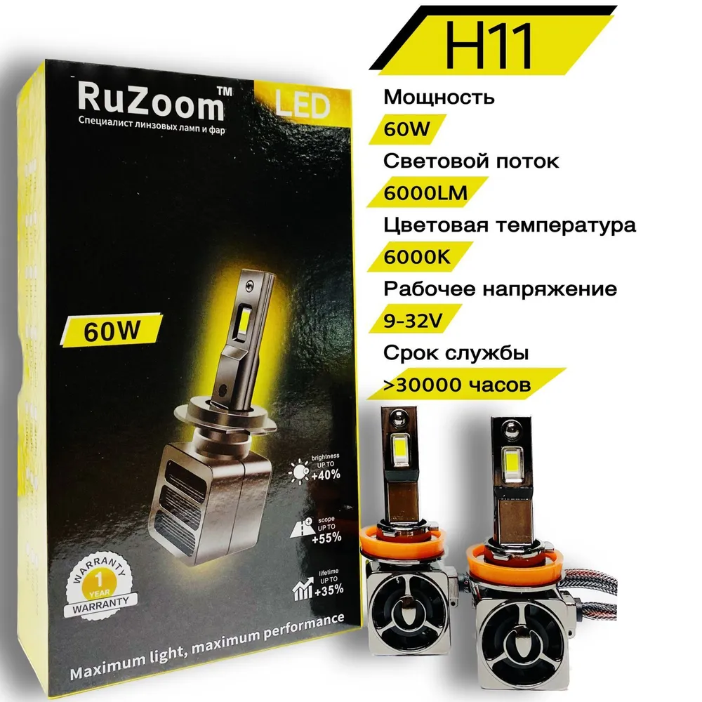 Светодиодные лампы RuZoom LED 60W H11 комплект 2 шт 3690₽