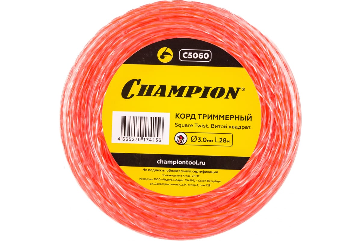 

Леска для триммера витая квадрат 3 мм Champion C5060 28 м, Оранжевый