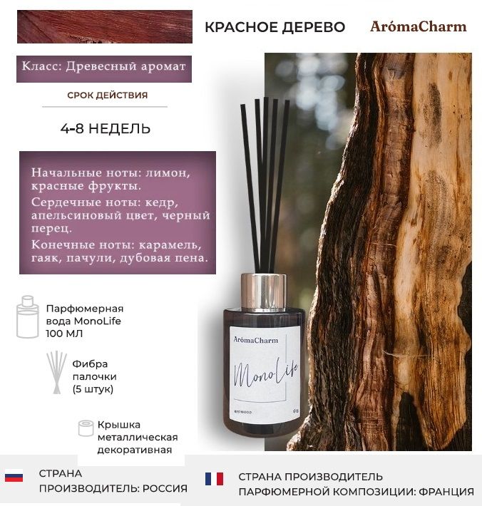 Ароматизатор диффузор для дома AromaCharm с палочками 100 мл MonoLife Redwood