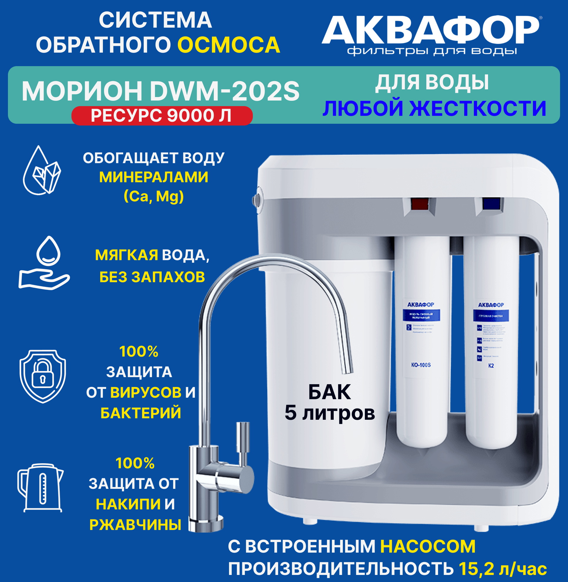 

Фильтр для воды Аквафор Морион DWM-202S, с насосом, под мойку, Белый, DWM-202S