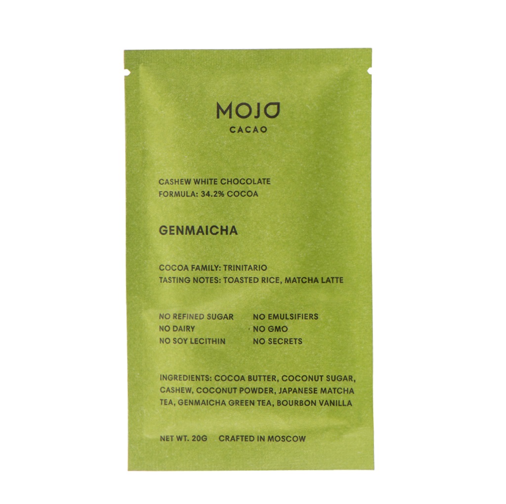 Шоколад белый веганский с зеленым чаем Mojo Cacao Genmaicha 20 г, Россия