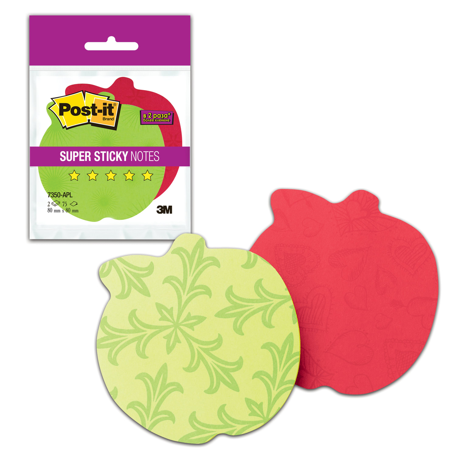 

Стикеры Post-It Super Sticky Яблоко красные/зеленые, 2x75 л.