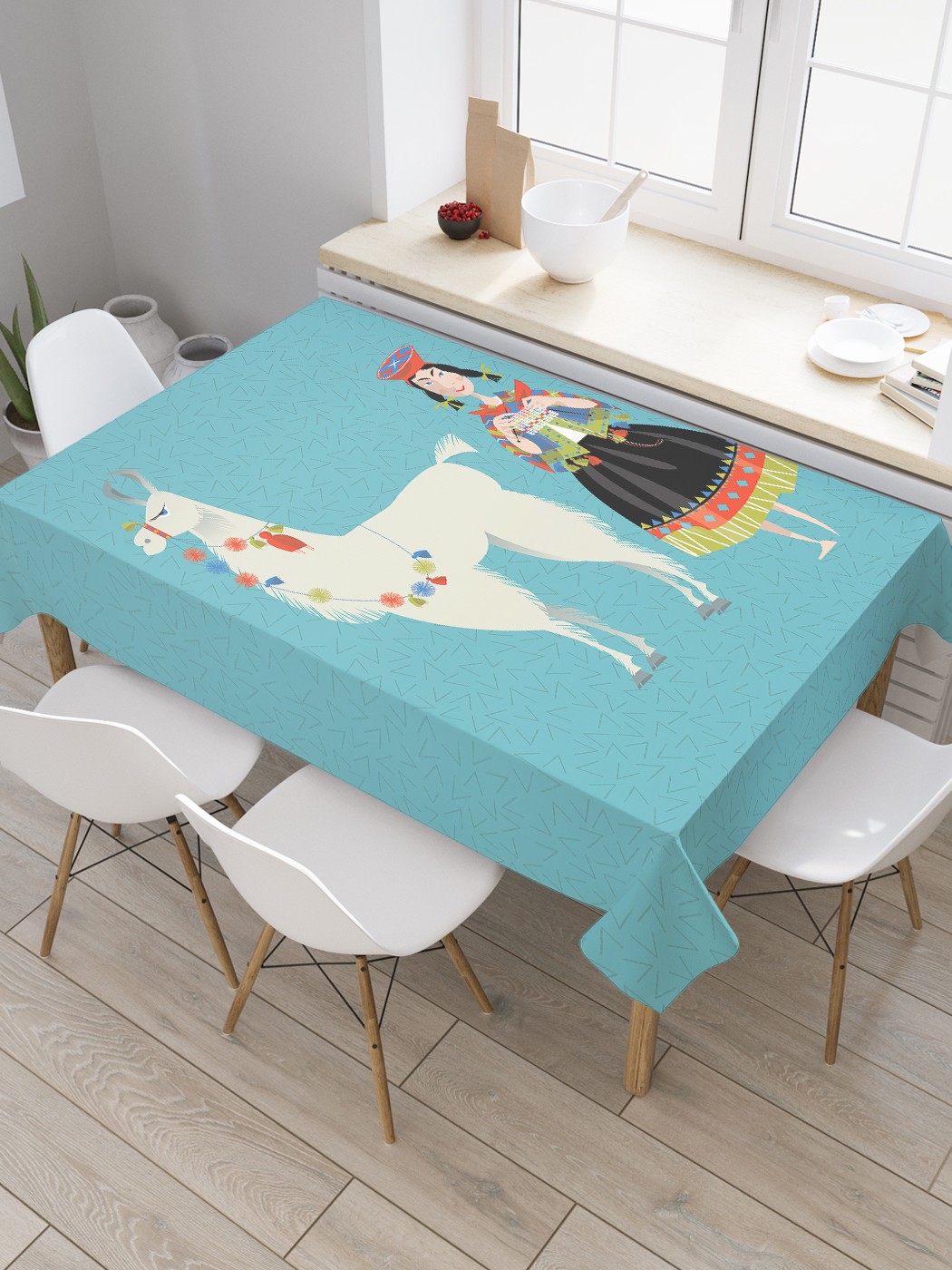 

Скатерть прямоугольная JoyArty "Девушка и лама" из оксфорда, 120x145 см, Голубой, Девушка и лама