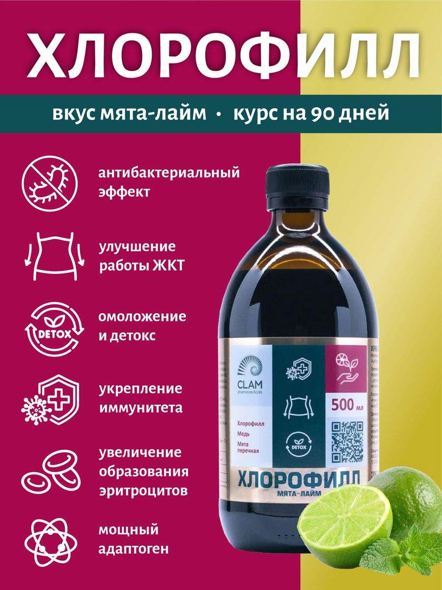 Хлорофилл жидкий ClamPharm, вкус Мята-Лайм, 500 мл