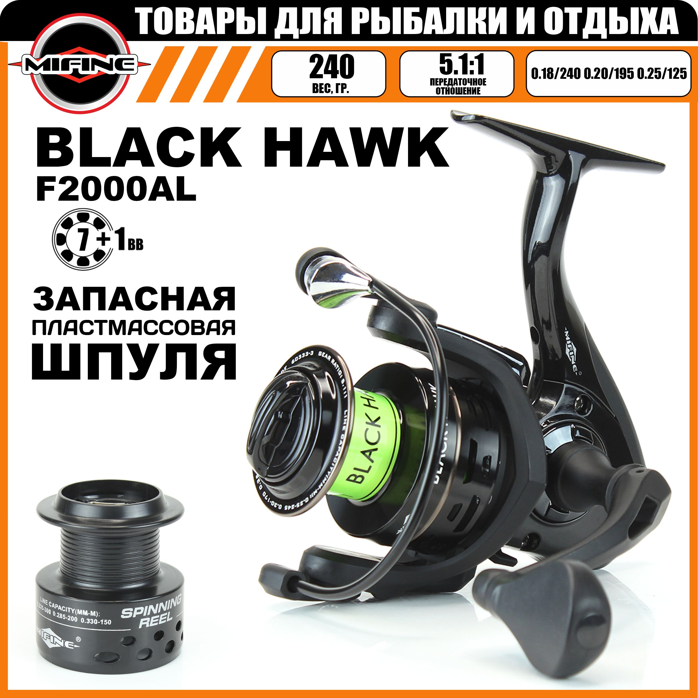 Катушка рыболовная MIFINE BLACK HAWK 2000F 7+1 подшипник, для рыбалки, для спиннинга