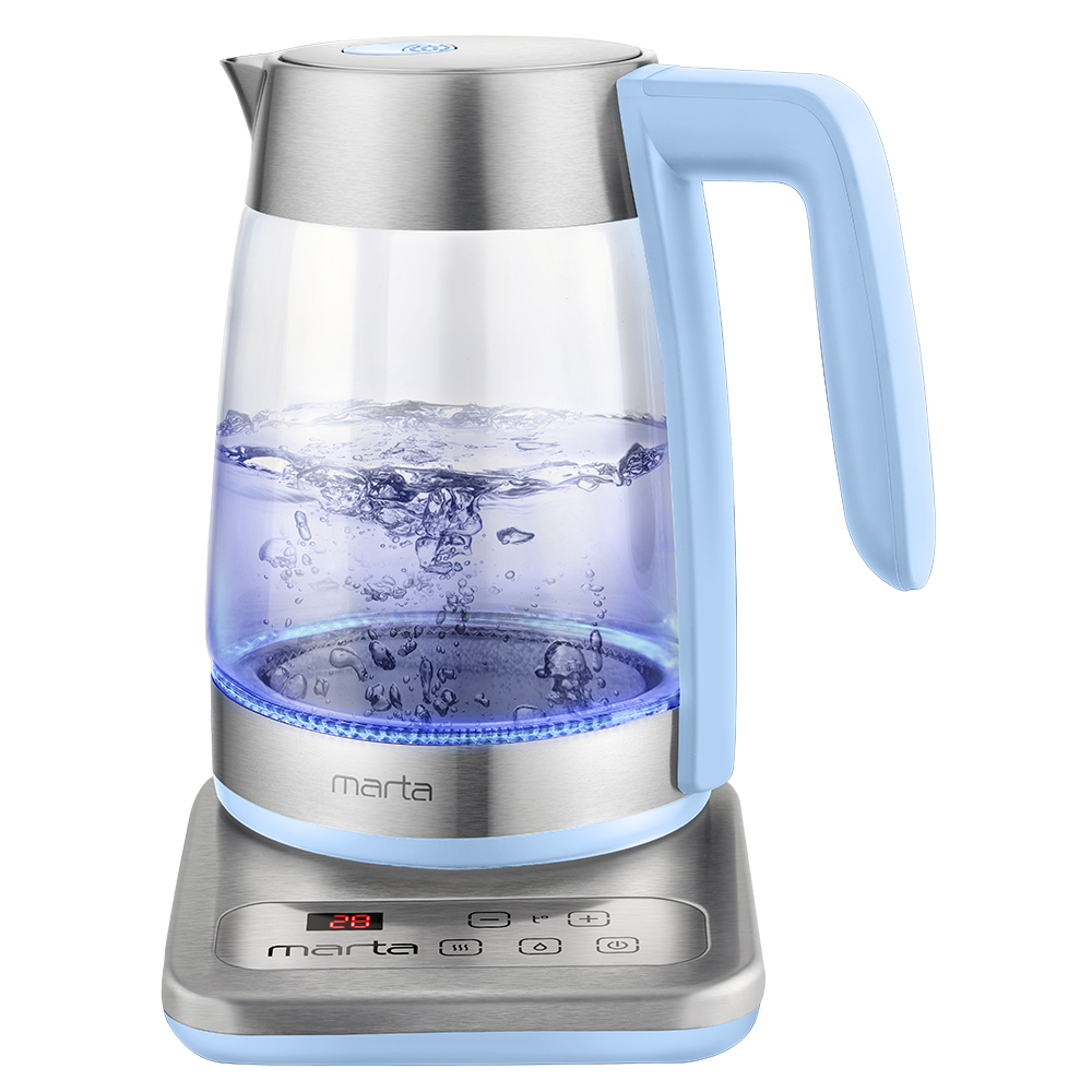 Чайник электрический Marta MT-4555 1.8 л голубой, прозрачный, серебристый