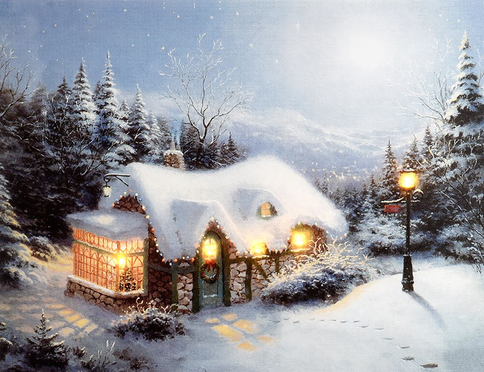 фото Светящееся настенное панно зимние сумерки - дом, фонарь с led огнями, 30х40 см, kaemingk
