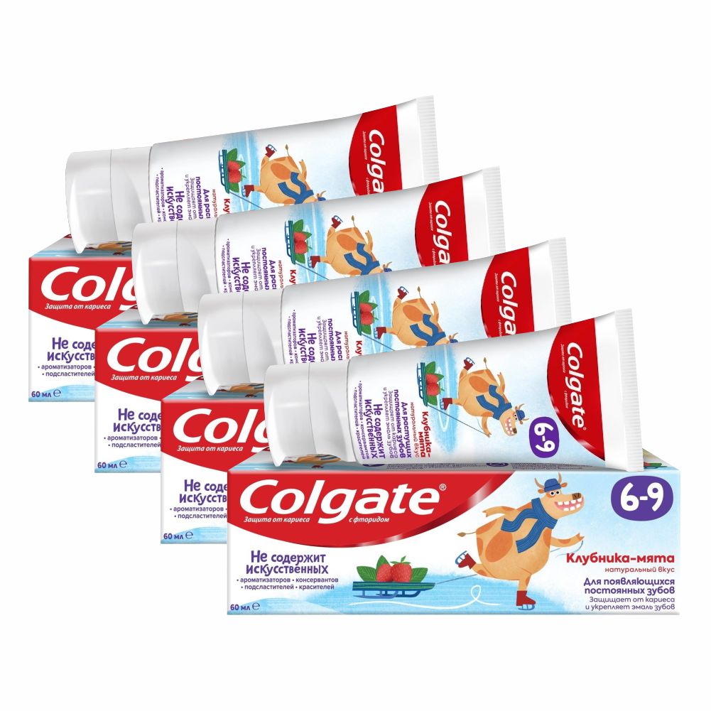 Зубная паста Colgate детская комплект Клубника-мята с фтором 6-9 лет 60 мл х 4 шт