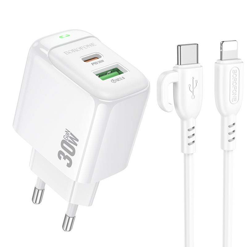 

Сетевое зарядное устройство Borofone BAS45A 2USB 3.0A PD 30W QC3.0 для Lightning White, BAS45Aai