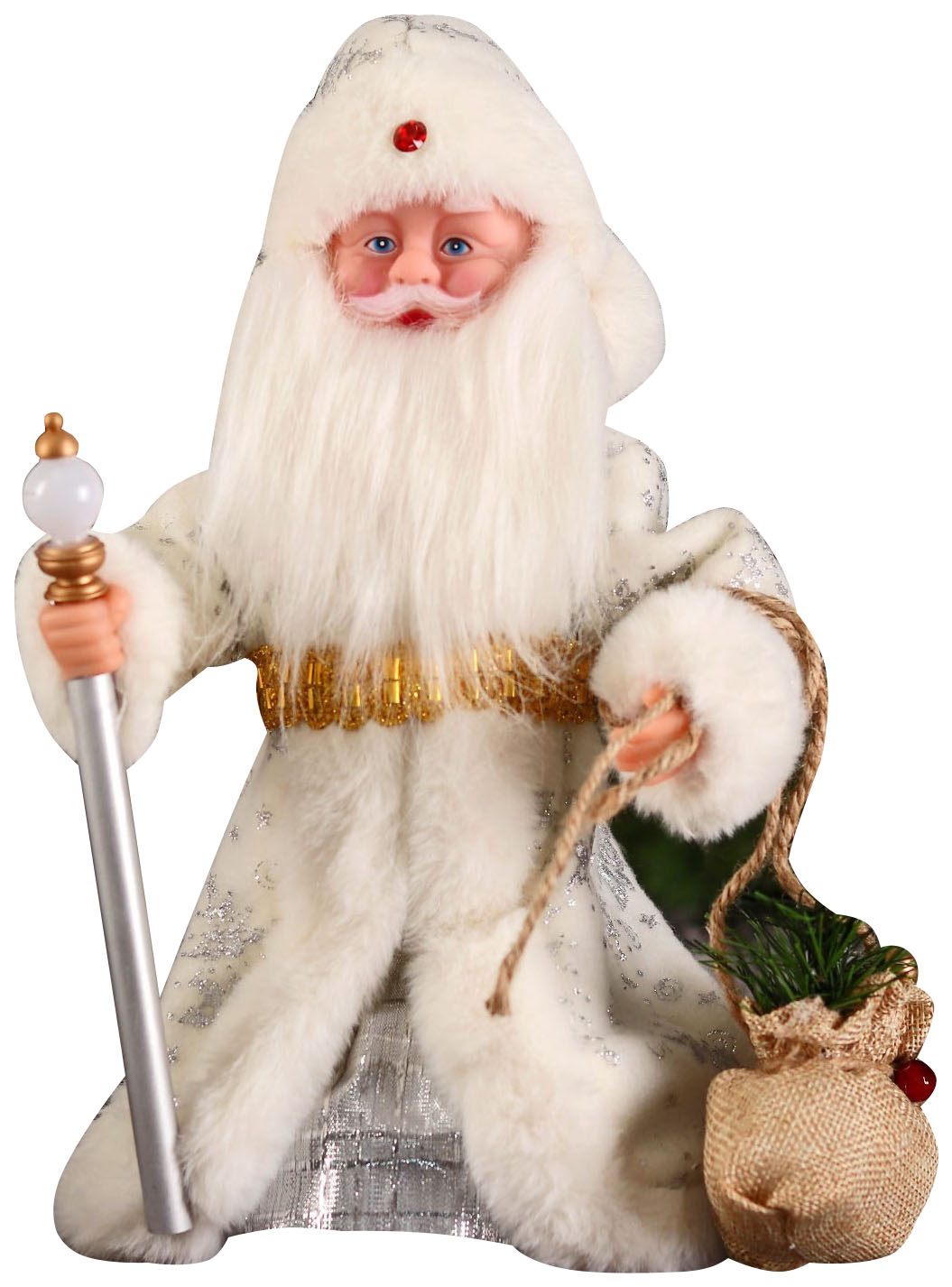 фото Дед мороз "в белой шубке, с посохом и мешком" двигается, 12х28 см зимнее волшебство
