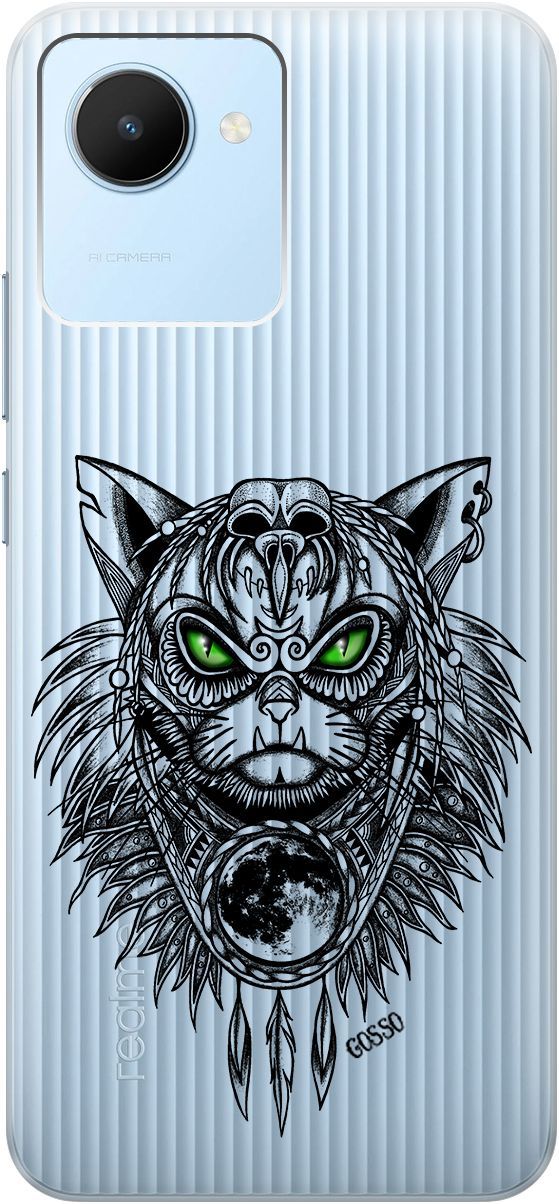 

Силиконовый чехол на realme C30 с 3D принтом "Shaman Cat" прозрачный, Прозрачный;черный, 1566800