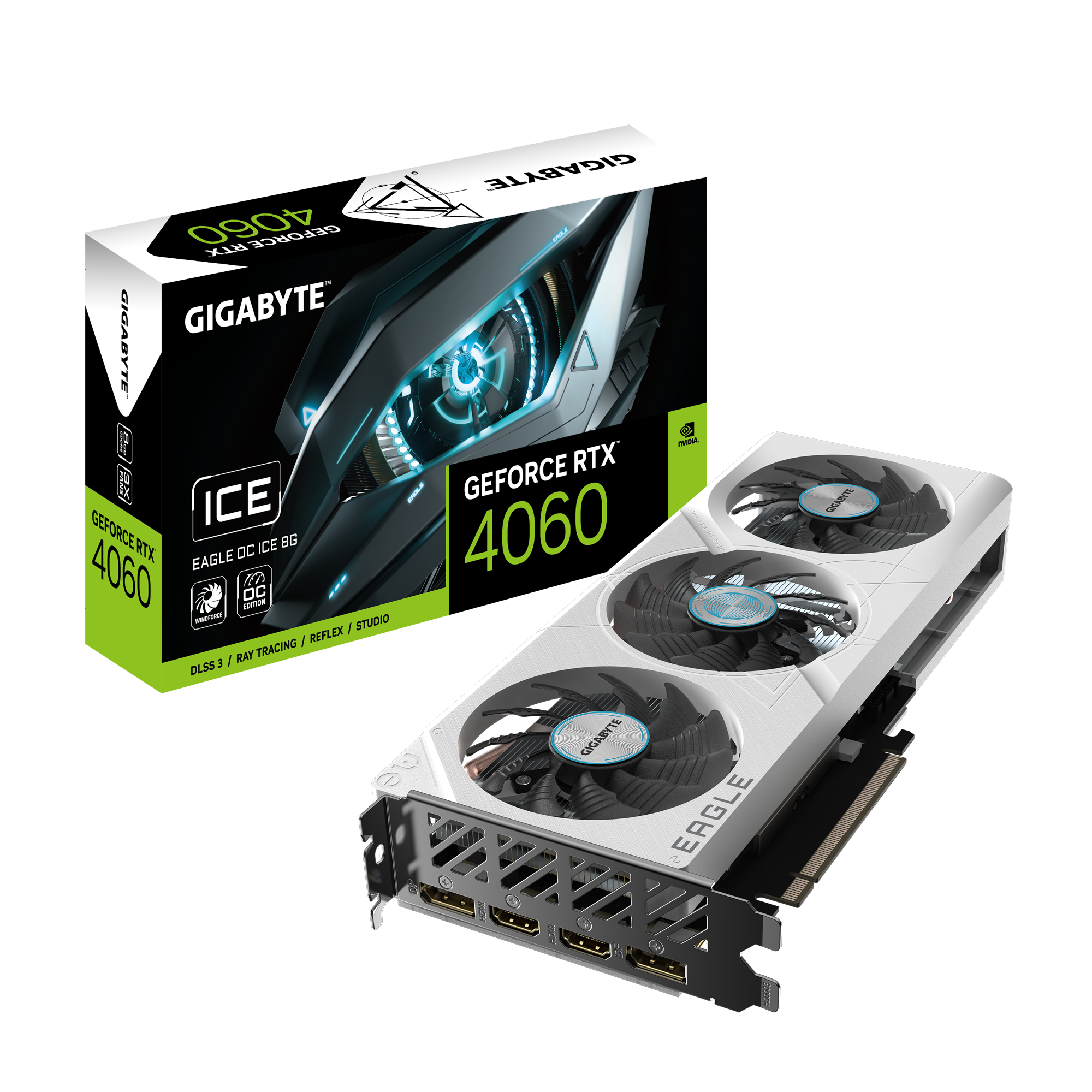 

Видеокарта GIGABYTE GeForce RTX 4060 EAGLE OC ICE Белый (GV-N4060EAGLEOC ICE-8GD), GeForce RTX 4060 EAGLE OC ICE