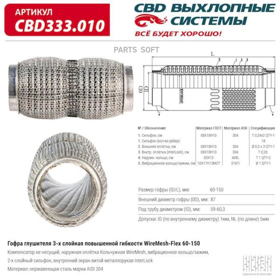 

CBD CBD333010 Гофра глушителя повышенной гибкости WireMesh-Flex 60-150. CBD333.010 1шт