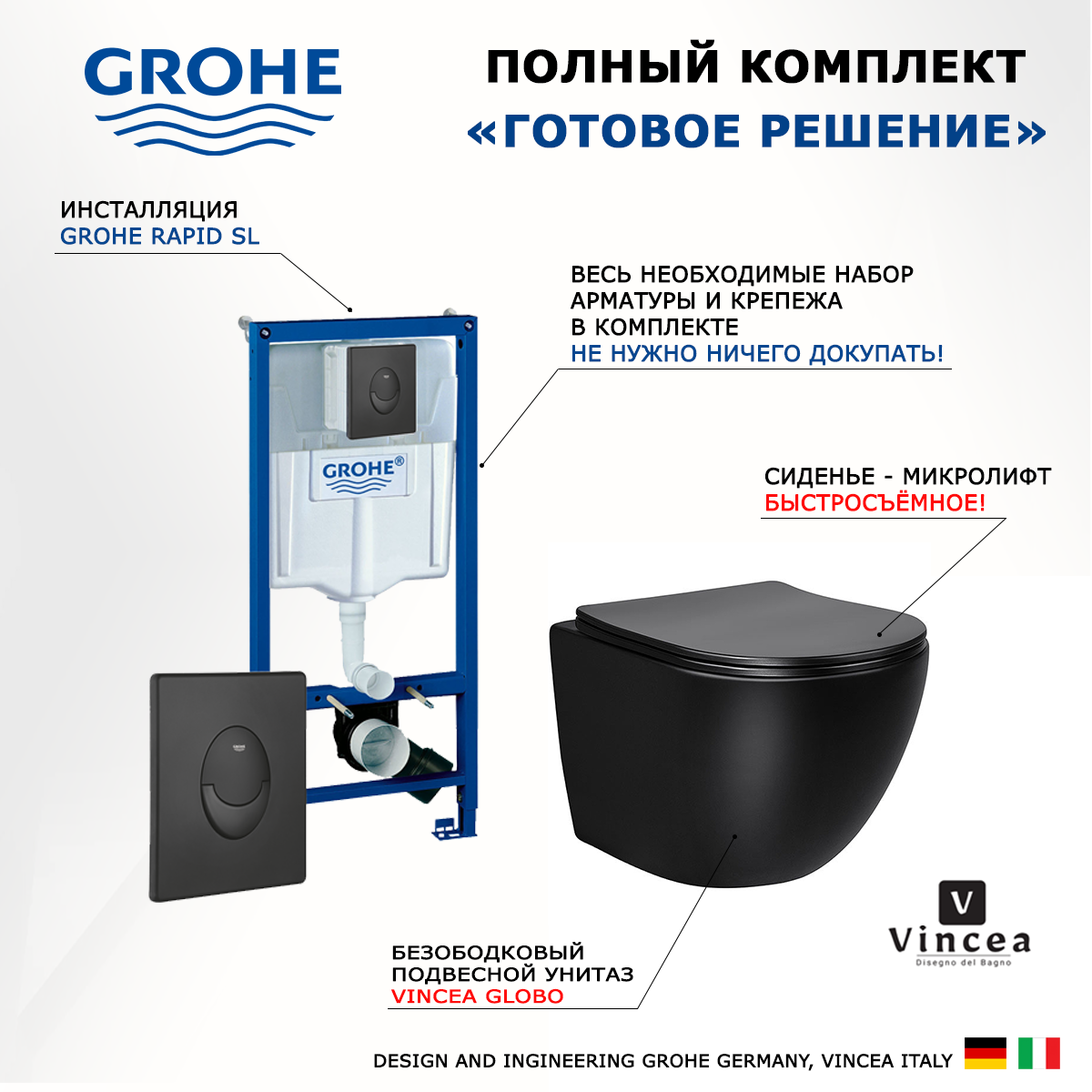 

Комплект: инсталляция Grohe Rapid SL + унитаз Globo + кнопка черная матовая