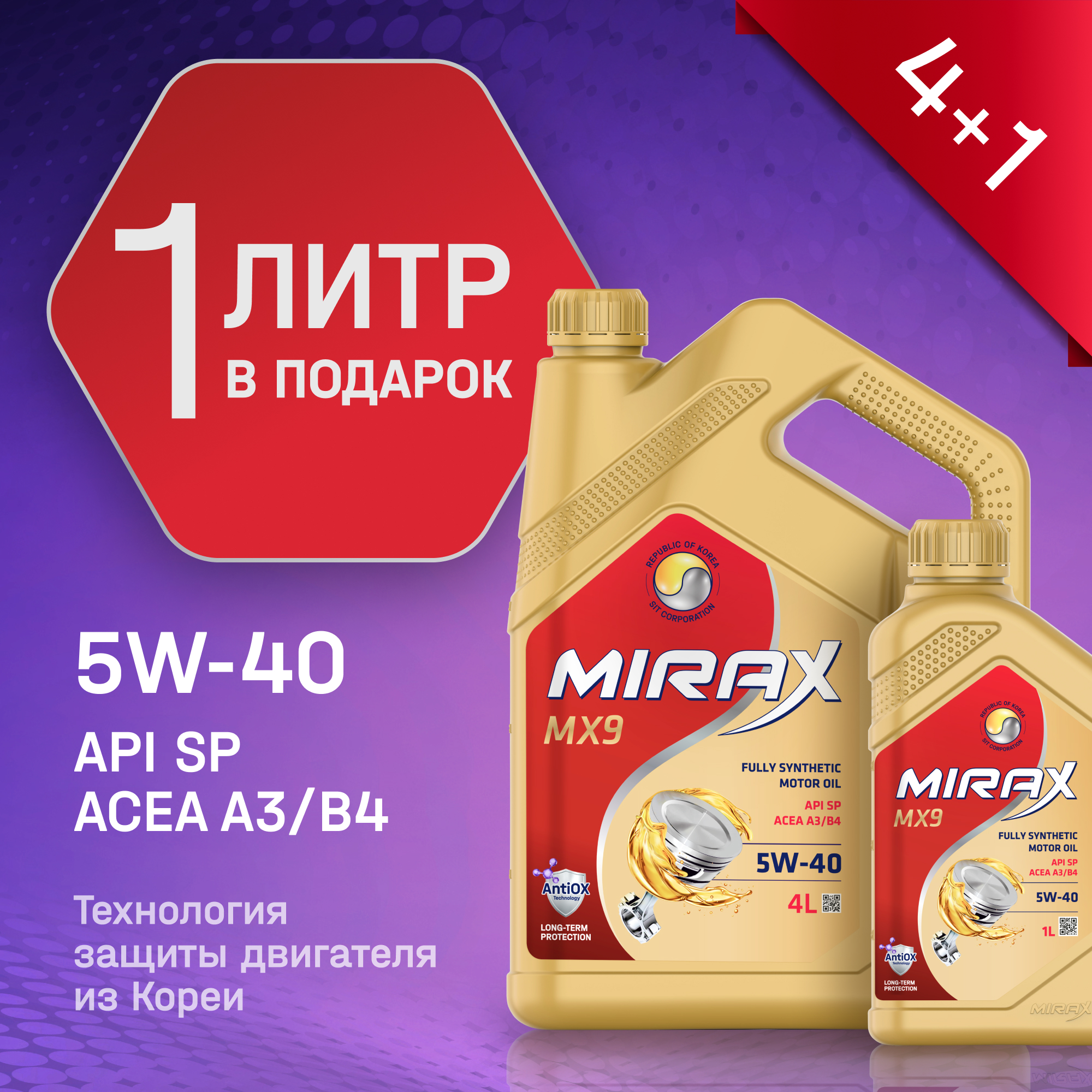 Моторное масло MIRAX MX9 5W-40 ACEA A3/B4 API SP Синтетическое 4л+1л