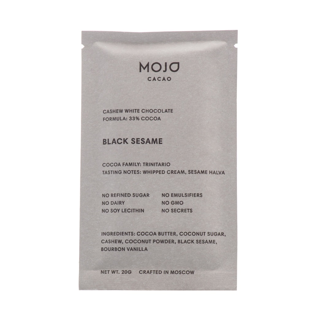

Шоколад белый веганский Mojo Cacao Black Sesame с черным кунжутом 20г Россия