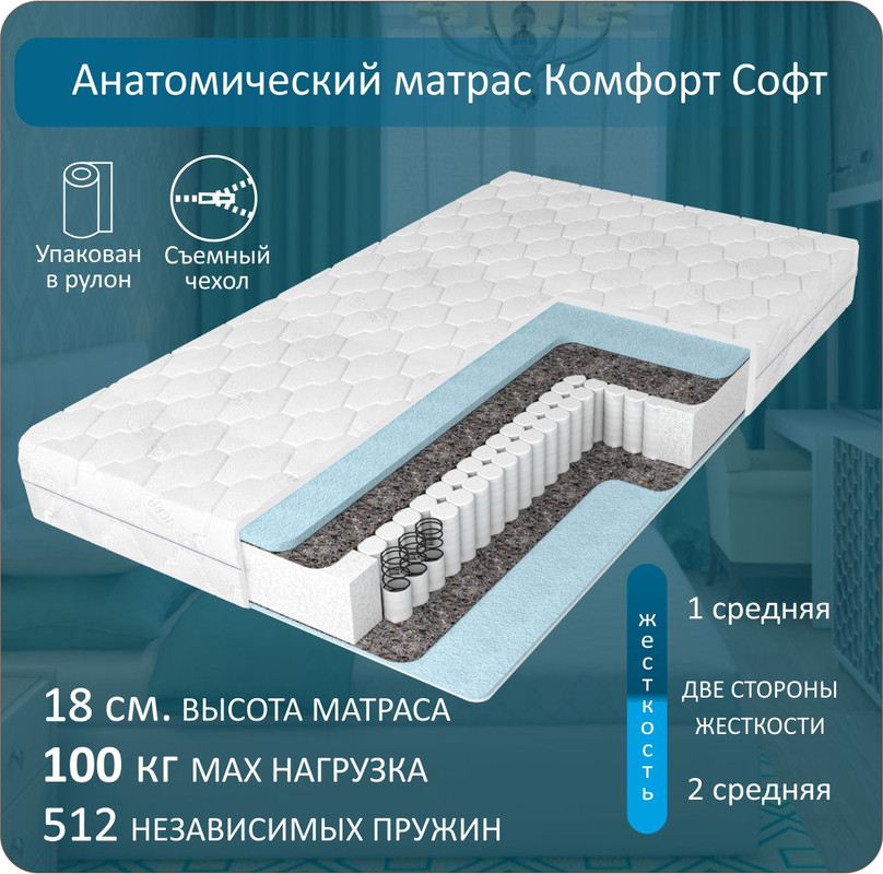 

Анатомический матрас Anriz, Комфорт Софт 120-200, Белый, Комфорт Софт