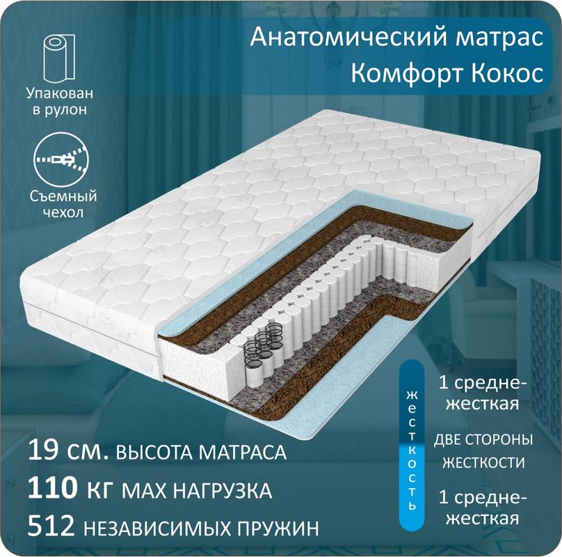 

Анатомический матрас Anriz, Комфорт Кокос 160-190, Белый, Комфорт Кокос