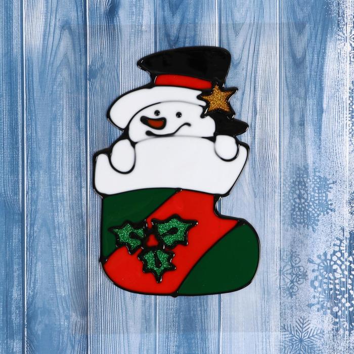 Наклейка на стекло Зимнее волшебство Снеговик в новогоднем носке 9х15 см, 3шт.