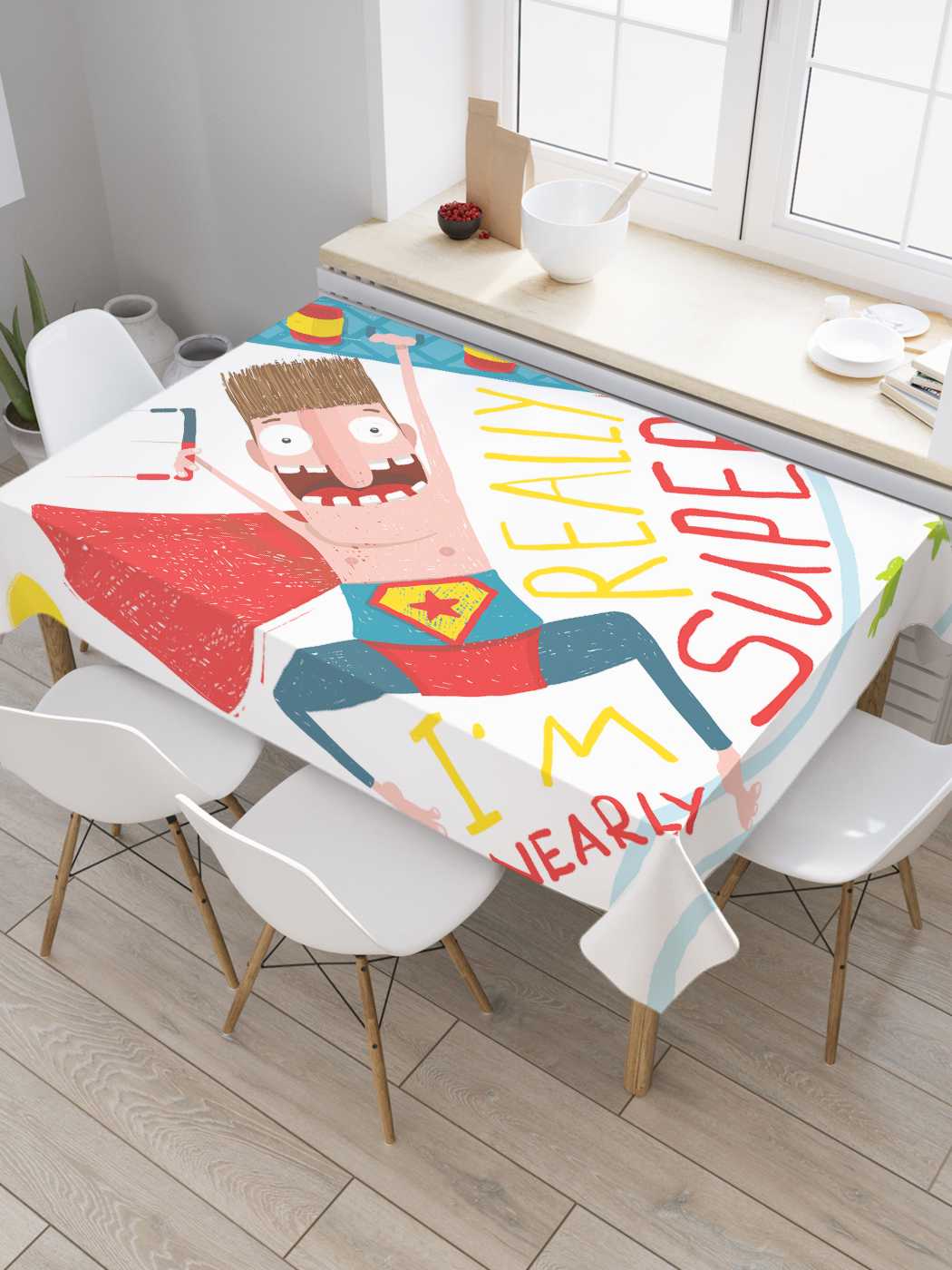 

Скатерть прямоугольная JoyArty "Я почти супер" из сатена, 180x145 см, Я почти супер