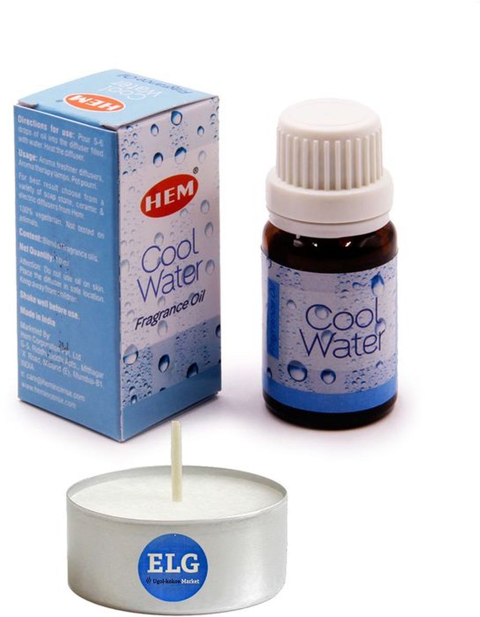 фото Масло для аромалампы hem cool water fragrance oil тонизирующее 10мл + свеча в гильзе elg