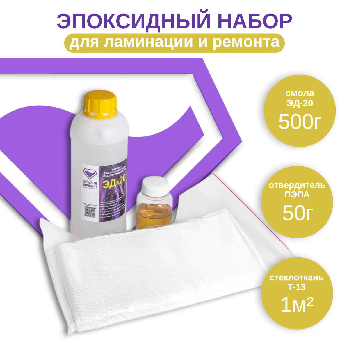 Набор смола ЭД-20 05 кг отвердитель ПЭПА 50 гр стеклоткань Т-13 1 м2 1100₽