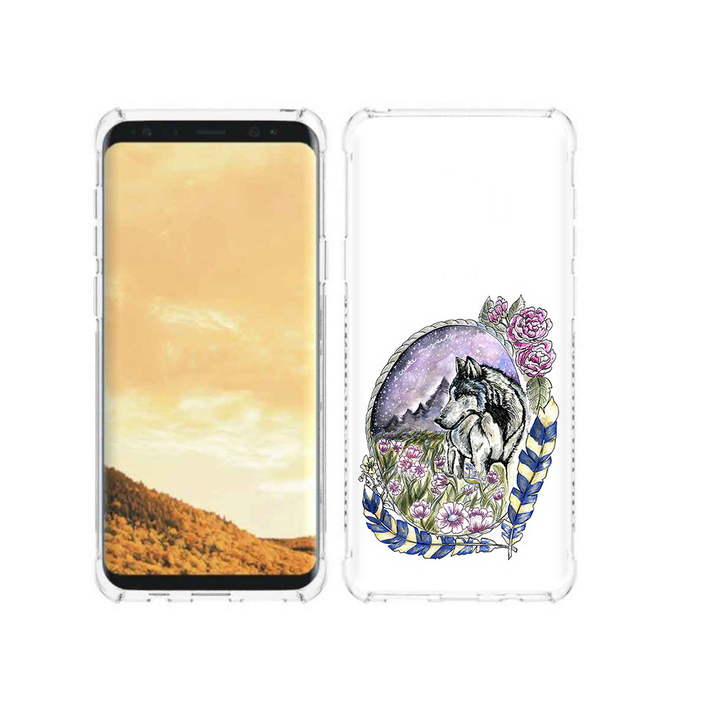 

Чехол MyPads Tocco для Samsung Galaxy S9 нарисованный волк в цветах с перьями, Прозрачный, Tocco