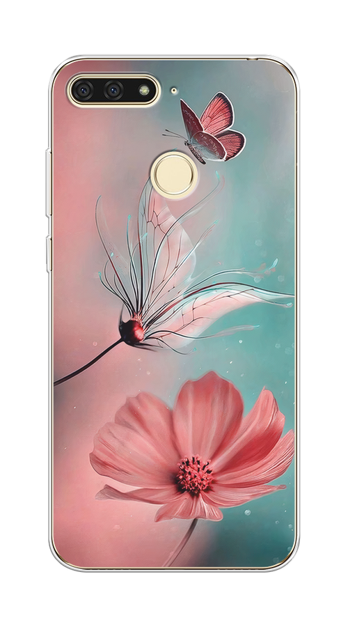 

Чехол на Honor 7C/7A Pro, Huawei Y6 Prime 2018 "Бабочка и цветок", Голубой;розовый, 65450-1