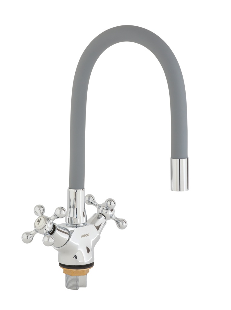 

Смеситель ARCO кухня маховик крест, с гайкой, гибкий излив СЕРЫЙ, А48(1)07GR