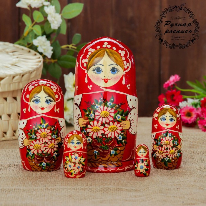 

Матрёшка «Флора», красный платок, 5 кукольная, 17 см, Художественная матрёшка