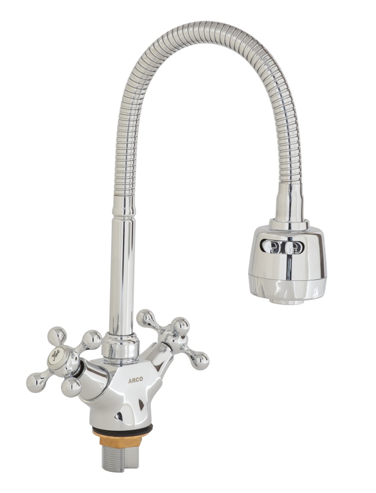 

Смеситель ARCO кухня маховик крест, с гайкой, гибкий излив ХРОМ, А48(1)07CHR