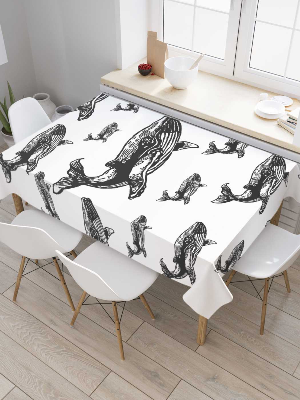 

Скатерть прямоугольная JoyArty на кухонный стол "Стая китов" из оксфорда, 120x145 см, Белый, Стая китов