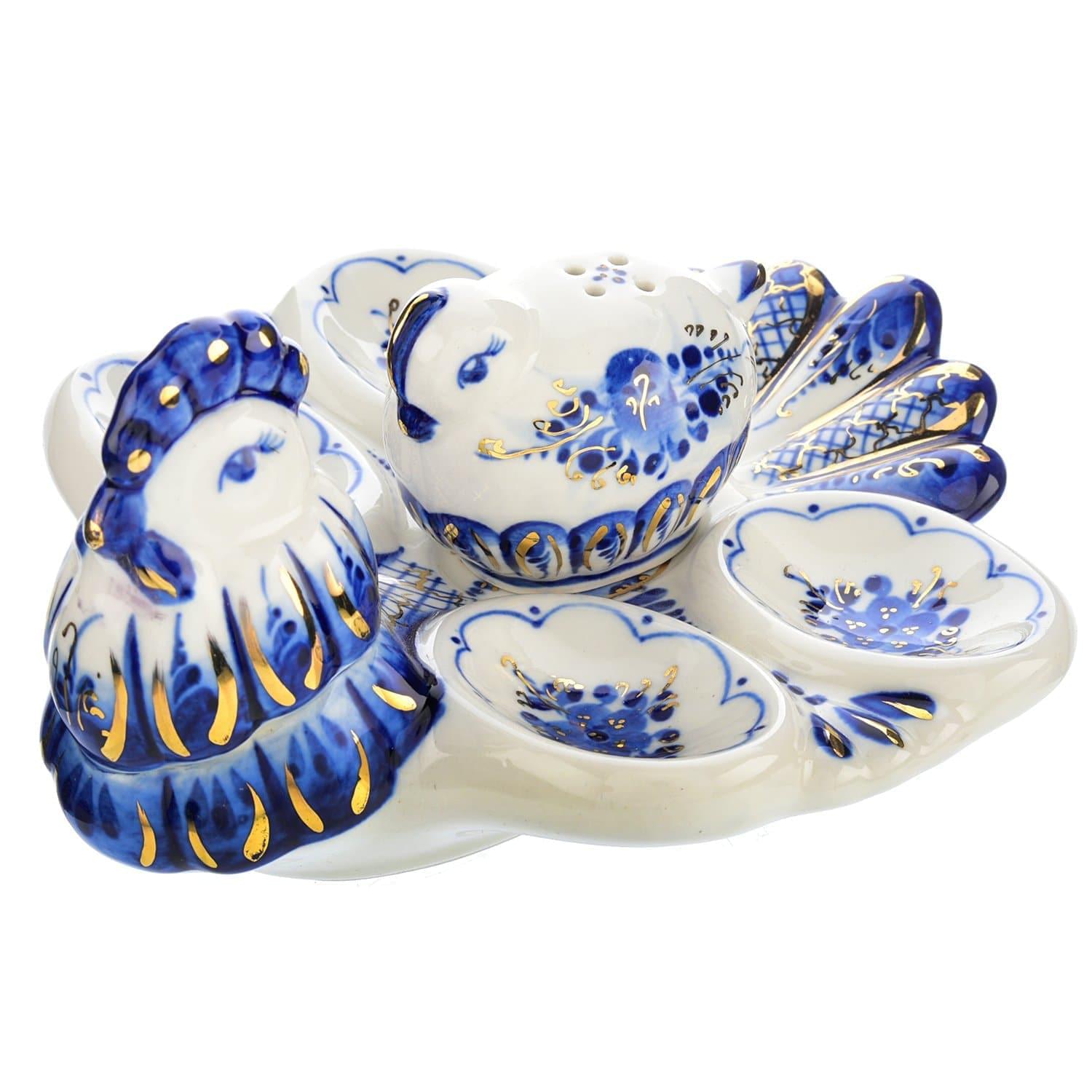 

Пасхальница «Петушок» с солонкой Гжель с золотом