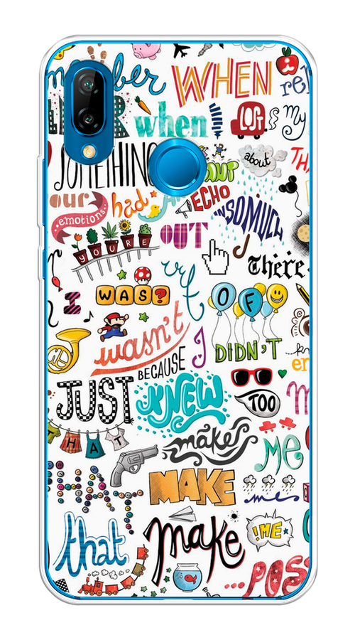 

Чехол на Huawei P20 Lite/Nova 3E "Много надписей", Белый;серый;голубой, 65650-1