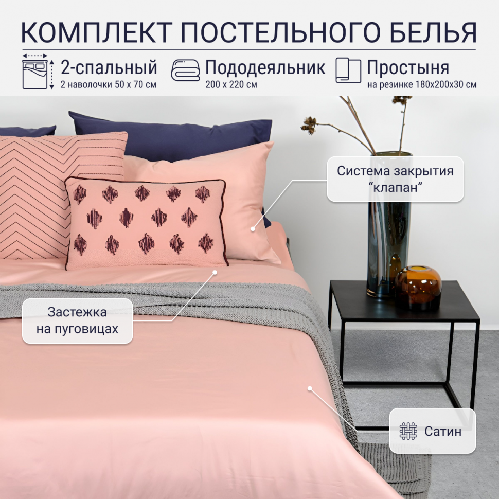 

Комплект постельного белья TKANO 2-сп. с простыней на резинке из сатина цвета пыльной розы, Essential