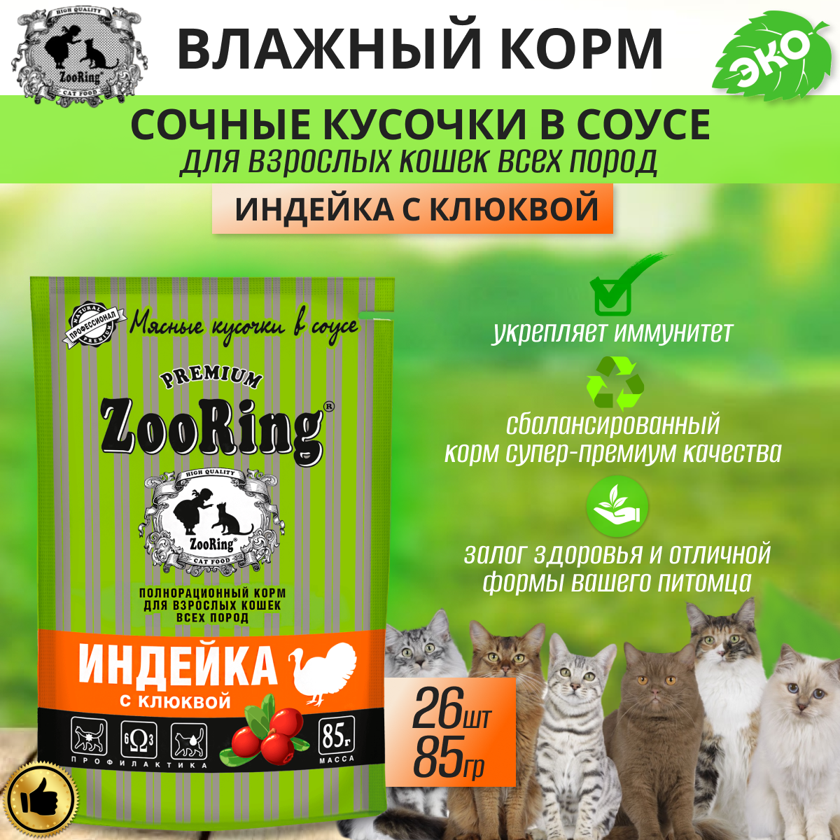 Сочные кусочки в соусе Zooring Индейка с клюквой, 26 шт по 85 г