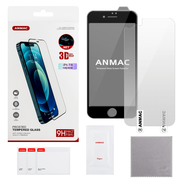 

Защитное стекло ANMAC для iPhone 7/8 черное + пленка назад 3D матовое с сеточкой