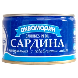 

Сардина атлантическая натуральная Аквамарин с маслом, 230 гр, Сардина атлантическая натуральная