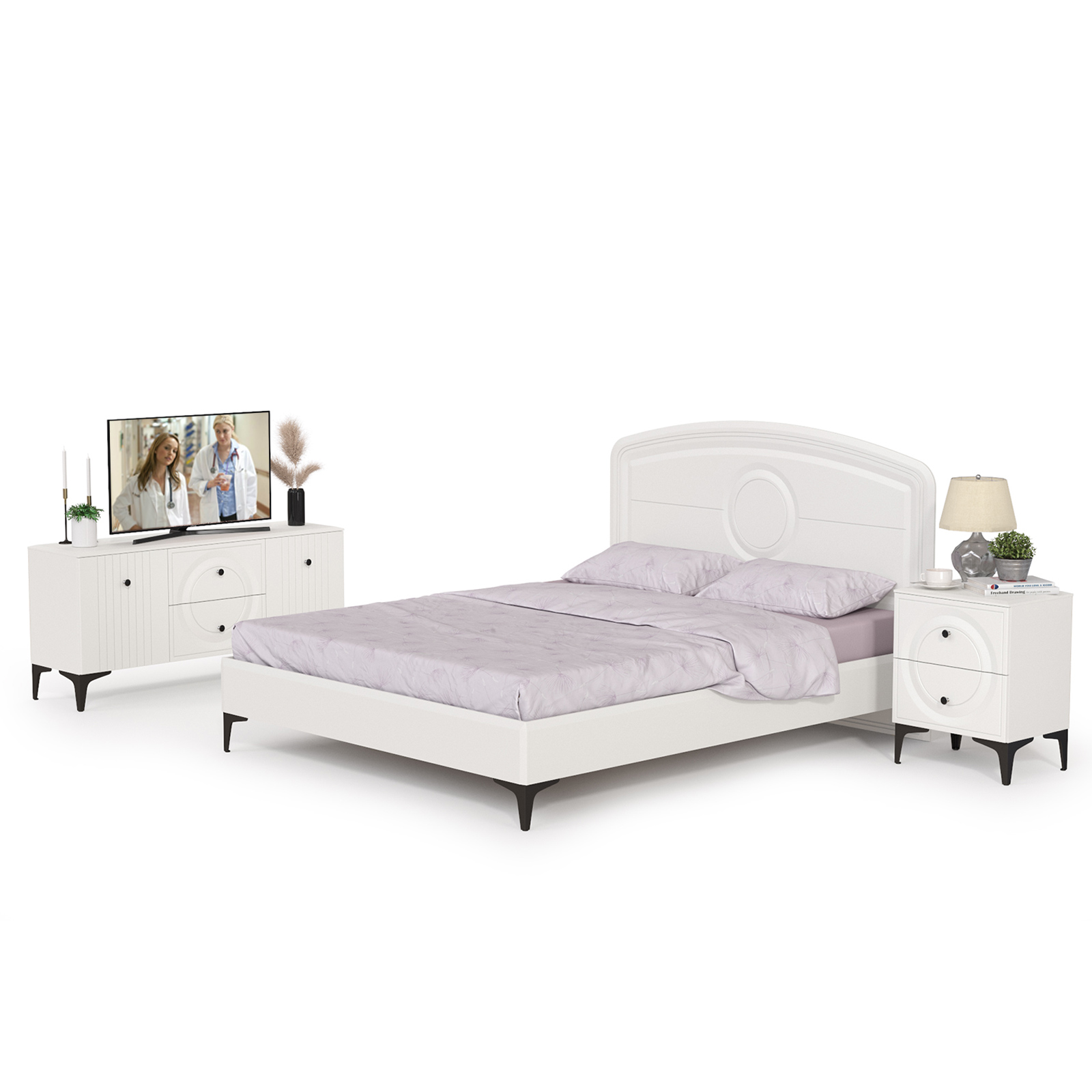 

Спальный гарнитур с ТВ-тумбой Mobi Валенсия № 39 белый шагрень, сп. м. 1600х2000 мм, б/м, № 39