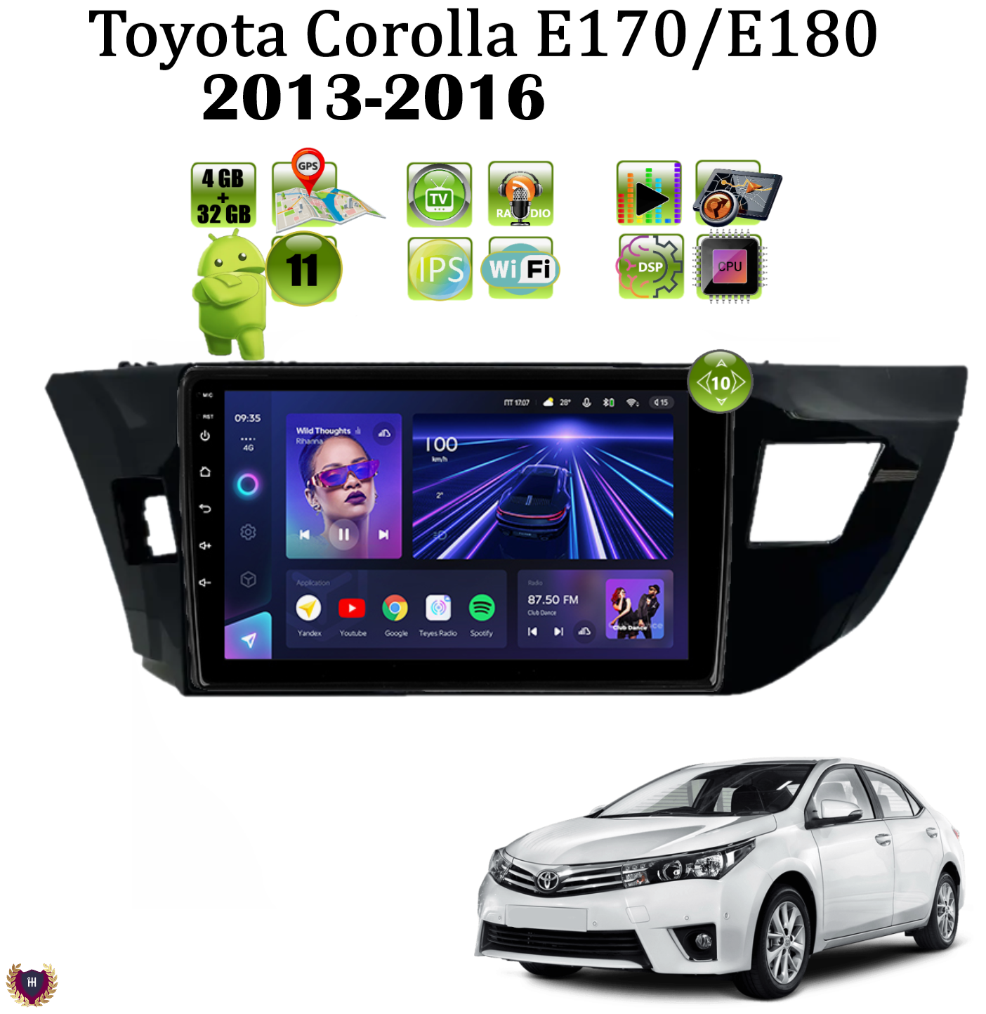 Автомагнитола Podofo для Toyota Corolla E170/E180 (2013-2016), Android 11, 4/32GB, Wi-Fi