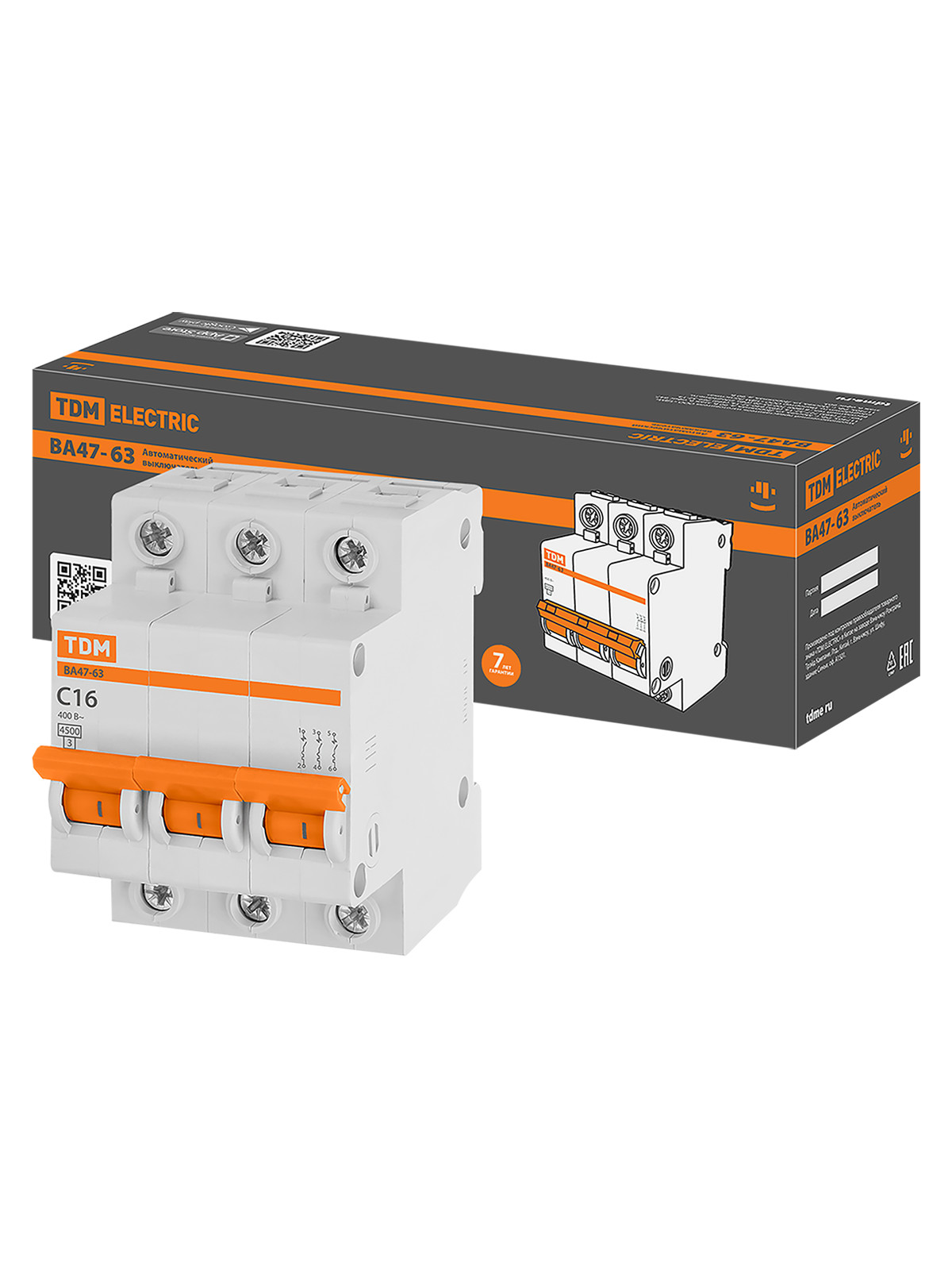 Автоматический выключатель TDM ВА47-63 3Р 16А 4,5кА х-ка С, SQ0218-0019