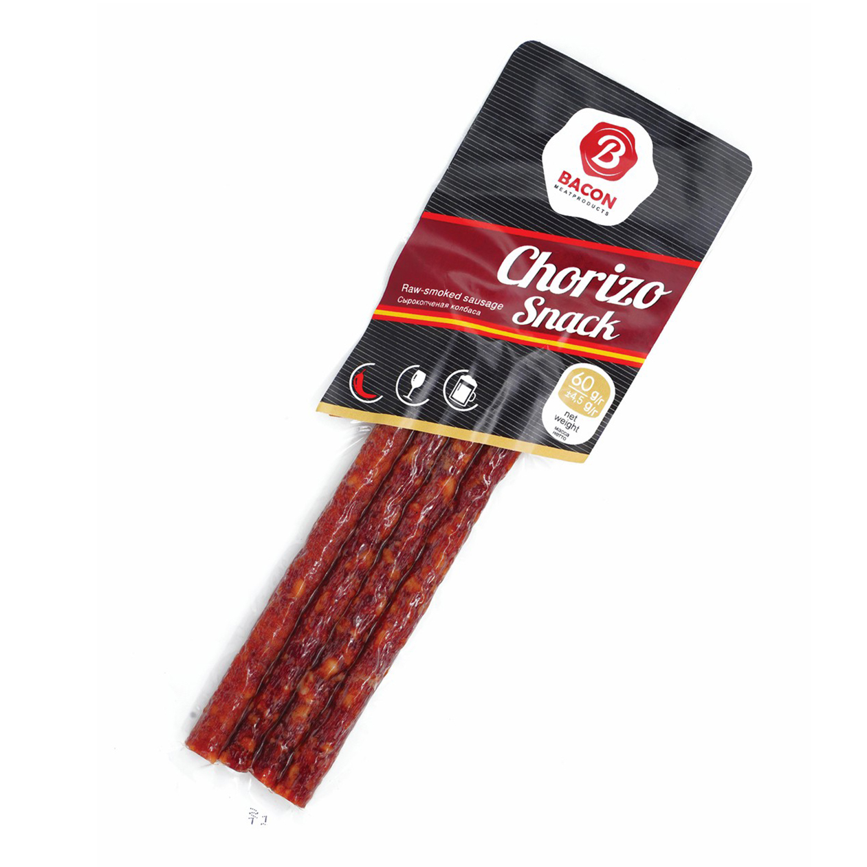 

Колбаски Bacon Chorizo чили сырокопченые 60 г